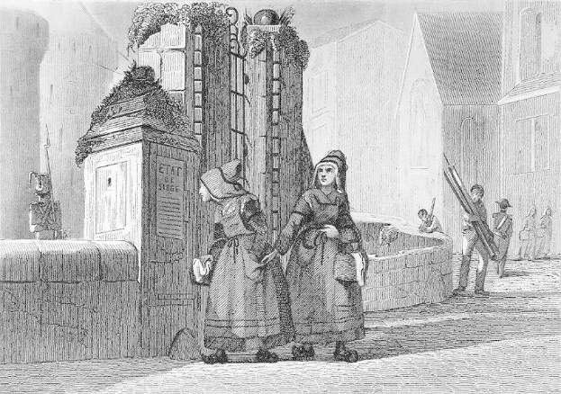 Schwarz-weiß-Gravur von zwei Frauen, die vor einem Gebäude mit anderen Menschen im Hintergrund stehen, betitelt mit "Victorian Women in the City of London."