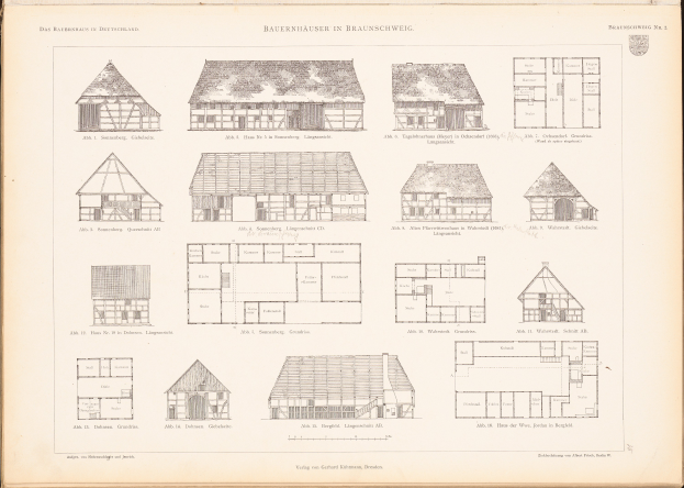 Ein offenes altes Buch zeigt Architekturhauspläne und Zeichnungen auf seinen Seiten.