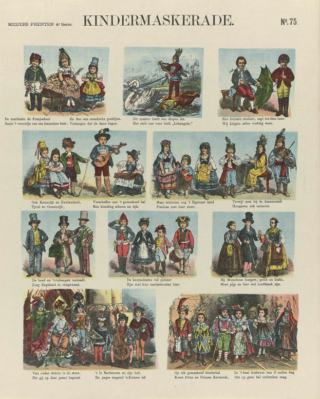 Ein Buch mit farbenfrohen Bildern von Kindern in verschiedenen Kostümen, einige mit Masken und Hüten, begleitet von passendem Text.