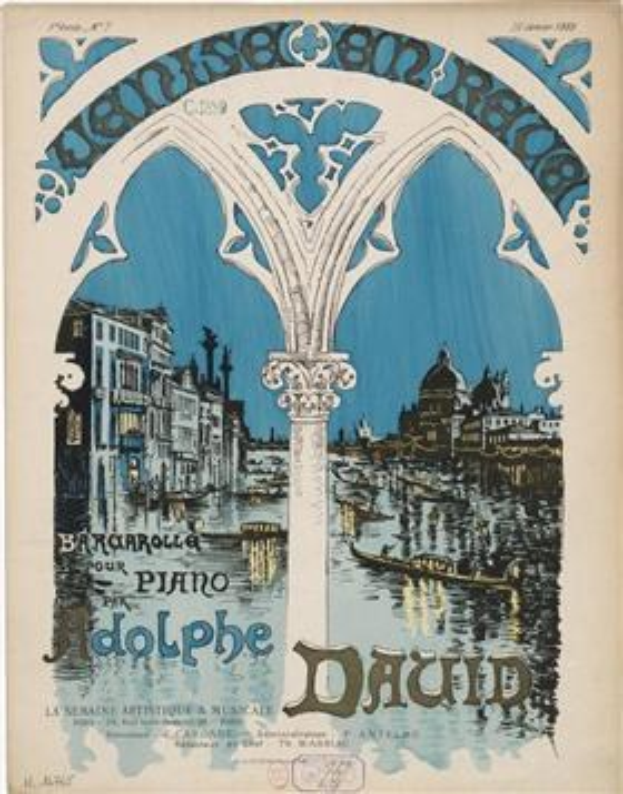 Plakatankündigung für ein Klavierkonzert in Venedig, Italien, mit einer Illustration von Gebäuden, Wasser und einer Säule.