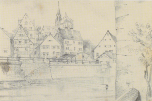Bleistiftzeichnung betitelt "Nürnberg, Deutschland" von Joseph Mallord William Turner, die eine Stadtlandschaft mit einem Fluss, Geb├Ąuden, B├Ąumen und einer Brücke zeigt.