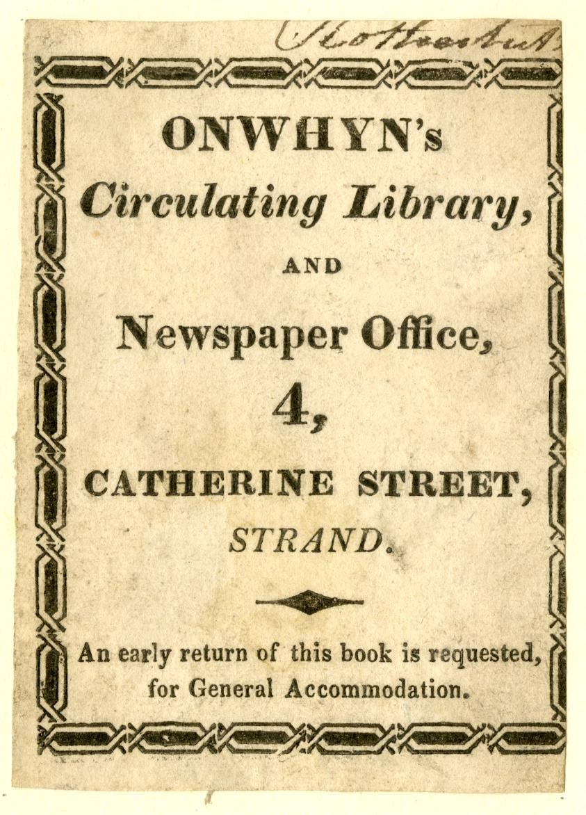 Papier mit gedrucktem Text, der "Onwhyn's Circulating Library, and Newspaper Office, 4, Catherine Street, Strand" lautet.