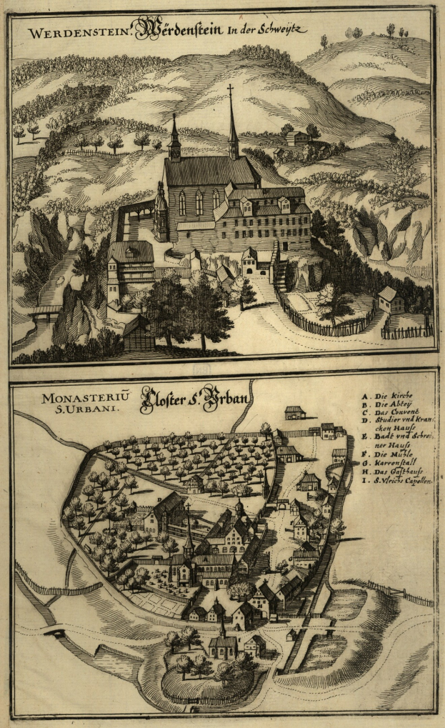 Alte Karte einer Kleinstadt mit einer zentralen Kirche, umgeben von Bäumen und Gebäuden, mit zusätzlichem Text.